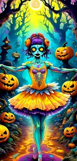 Colorful Halloween ballerina amidst glowing pumpkins and trees.