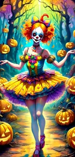 Colorful Halloween clown surrounded by pumpkins in a mystical forest.