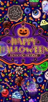 Colorful Halloween collage with candy and spooky motifs on a purple background.