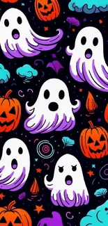 Vibrant Halloween wallpaper with ghosts and pumpkins on a black background.