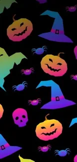 Colorful Halloween wallpaper with neon pumpkins and witch hats.