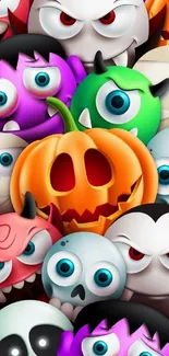 Colorful cartoon Halloween monsters with pumpkins and skulls.