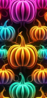 Vibrant Halloween-themed phone wallpaper showcasing pumpkins, cats, and butterflies.