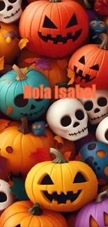Colorful Halloween pumpkins and skulls wallpaper.