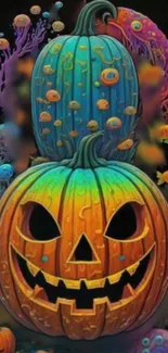 Two colorful pumpkins with whimsical Halloween designs on a mobile wallpaper.