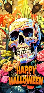 Colorful skull and flowers with Halloween bats in jungle art.