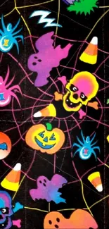 Bright colorful Halloween wallpaper with ghosts and pumpkins.