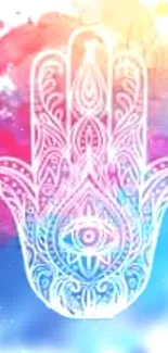 Colorful hamsa hand wallpaper with pink and blue hues showcasing intricate design.