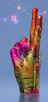 Vibrant colorful hand gesture with star effects on blue background.