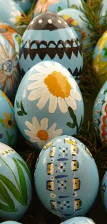 Hand-painted Easter eggs with floral designs in bright colors.