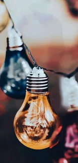 Colorful hanging light bulbs in focus.