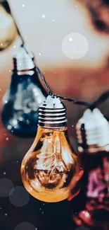 Vibrant string of colorful light bulbs glowing in warm amber.