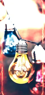 Colorful hanging light bulbs on a blurred background.