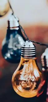 Artistic light bulbs hanging with a warm glow in a vibrant background.