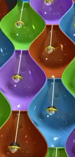 Colorful abstract wallpaper with hanging shapes.