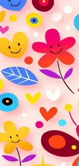 Colorful cartoon floral wallpaper with hearts and smiling flowers.