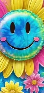 Vibrant flower with a smiley face and colorful petals.