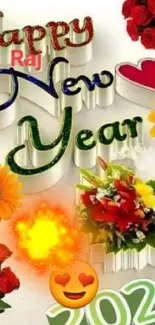 Festive Happy New Year 2023 wallpaper with colorful flowers and hearts.