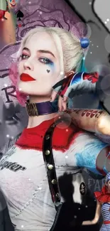 Vibrant harlequin character with colorful makeup and dynamic background.