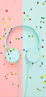 Headphones on pastel split background with colorful confetti.