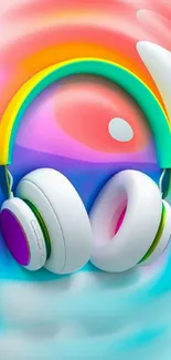 Colorful headphones on abstract vibrant background.