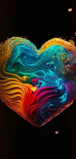 Vibrant abstract heart with colorful swirls on black background.