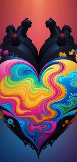 Colorful heart abstract art with vibrant swirls and floral pattern.