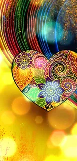 Colorful abstract heart design with rainbow and yellow hues.