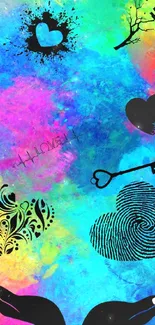 Colorful abstract wallpaper with black heart designs and blue background.