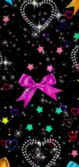 Colorful hearts, stars, and bows on black wallpaper with a sparkly effect.