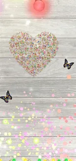 Colorful heart and butterflies on wooden background wallpaper.