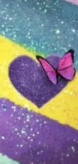 Colorful wallpaper with heart and pink butterfly on a rainbow background.