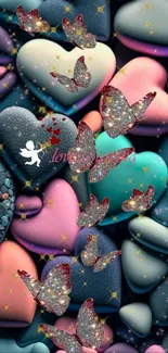 Colorful hearts with butterflies on a dark background.