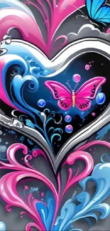 Colorful heart and butterflies mobile wallpaper with vibrant pink, blue, and gray tones.