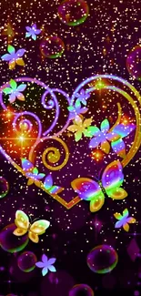 Colorful heart with butterflies on a purple background.