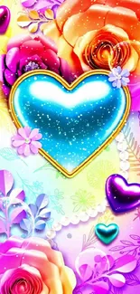 Vibrant wallpaper with a blue heart and colorful flowers.