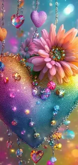 Colorful heart with daisy and jewels in rainbow hues.