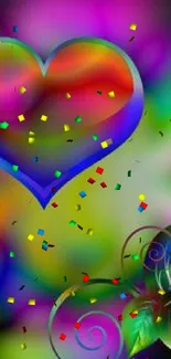 Colorful heart with vibrant leaves on abstract background.