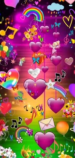 Playful wallpaper with hearts, music, and rainbows.