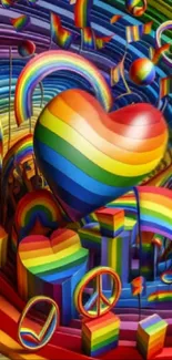 Colorful rainbow heart with peace symbols in dynamic design.