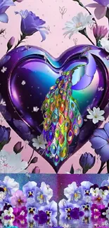 Vibrant wallpaper with a colorful peacock on a heart surrounded by flowers.