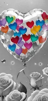 Heart balloon with colorful hearts among gray roses.