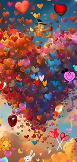 Colorful heart-shaped balloons with whimsical cartoon design.