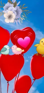 Heart balloons with birds on a blue sky background.