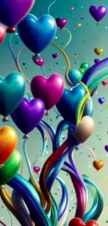 Colorful heart-shaped balloons in a fantasy sky.
