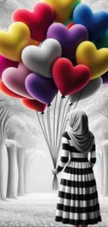 A figure holding colorful heart balloons in a fantasy forest.