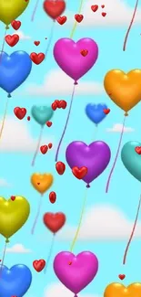 Colorful heart balloons floating in a bright blue sky.