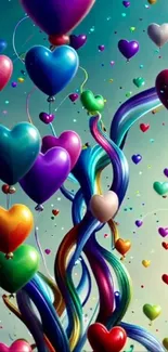 Colorful heart-shaped balloons floating in sky.