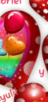 Colorful heart balloons with red polka dot background.