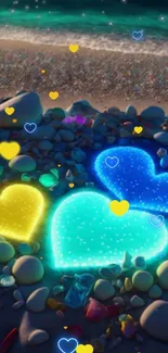 Colorful beach with glowing heart stones and vibrant colors.